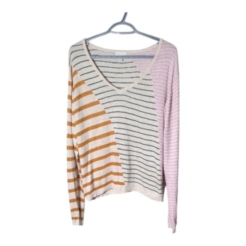 Garnet Hill Relaxed-Linen V-Neck Sweater Multicolor Stripes Size Large‎